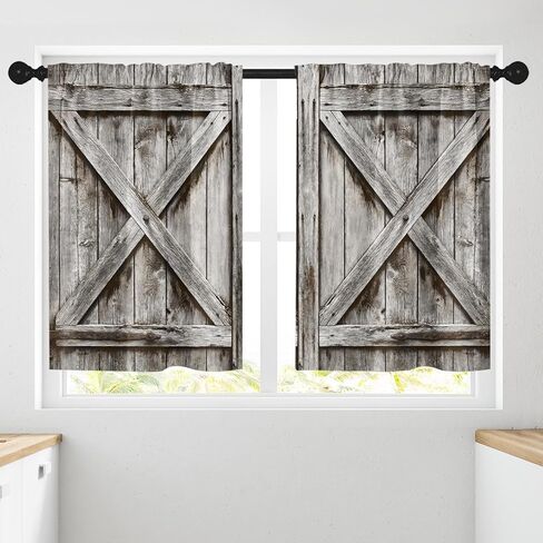 Arttown Wooden Barn Wood Door Kitchen Curtains, Rustic Vintage Plant Short Window Curtains Set of 2, Window Treatment Tier Curtains for Kitchen Over Sink Dining Room Decor (26x36 Inch) in Kuwait