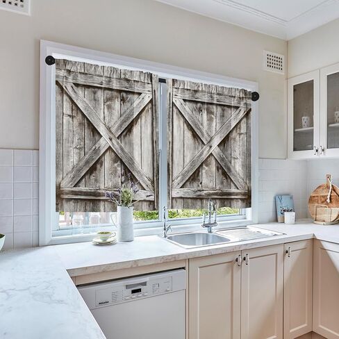 Arttown Wooden Barn Wood Door Kitchen Curtains, Rustic Vintage Plant Short Window Curtains Set of 2, Window Treatment Tier Curtains for Kitchen Over Sink Dining Room Decor (26x36 Inch) in Kuwait