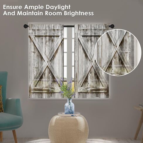 Arttown Wooden Barn Wood Door Kitchen Curtains, Rustic Vintage Plant Short Window Curtains Set of 2, Window Treatment Tier Curtains for Kitchen Over Sink Dining Room Decor (26x36 Inch) in Kuwait