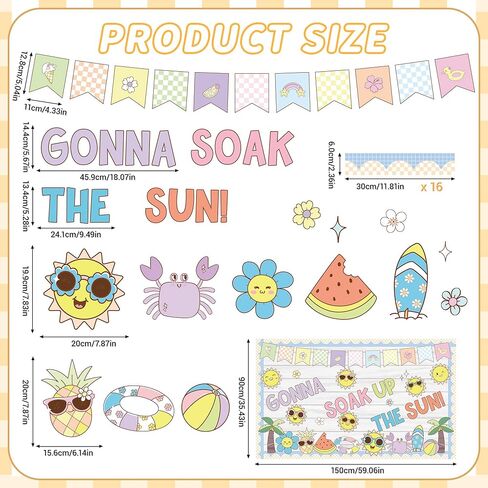 Sun Theme Bulletin Board Set Groovy Summer Classroom Decoration Gonna Soak up The Sun Sunshine Beach Cutouts for Summer School Classroom Back to School Wall Window Blackboard Whiteboard Door Decor in Saudi Arabia