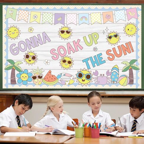Sun Theme Bulletin Board Set Groovy Summer Classroom Decoration Gonna Soak up The Sun Sunshine Beach Cutouts for Summer School Classroom Back to School Wall Window Blackboard Whiteboard Door Decor in Saudi Arabia