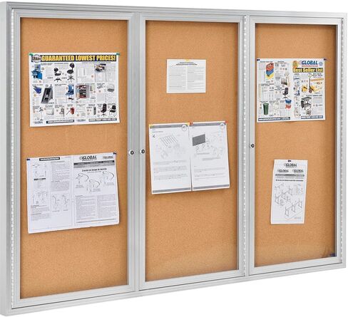 Global Industrial 3 Door Enclosed Bulletin Board, Self-Healing Cork, 2" Thick Lightweight Aluminum Frame, 72" W x 48" H, Shatter Resistant Acrylic Windows in Kuwait