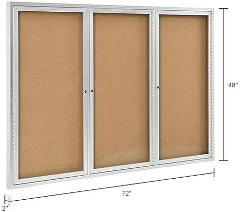 Global Industrial 3 Door Enclosed Bulletin Board, Self-Healing Cork, 2" Thick Lightweight Aluminum Frame, 72" W x 48" H, Shatter Resistant Acrylic Windows in Kuwait