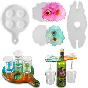 Geiserailie 4 Pieces Wine Glass Holder Resin Mould Serving Tray Epoxy Mould Shot Wine Rack Silicone Mould Beer Paddle Holder Moulds with Coaster Casting Moulds for DIY Handmade Agate Home Decorations