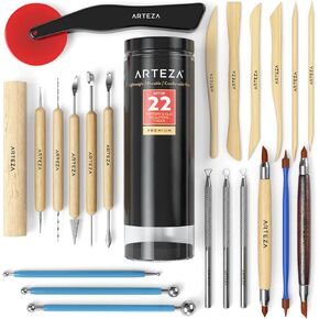 ARTEZA Pottery Tools & Clay Sculpting Tools, Set of 22 Pieces in PET Storage Tube, for Clay, Pottery, Ceramics Artwork & Holiday Crafts