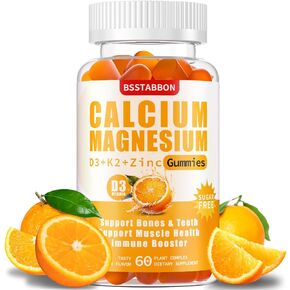 Sugar Free Calcium Magnesium Gummies 600mg Calcium,300mg Magnesium Complex, with Vitamin D3 & K2,Supplements for Bone, Muscles & Energy Support（60 Gummies） (60 Count)