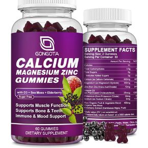 Calcium Magnesium Zinc with Vitamin D3 Supplement, Highly Absorbent Calcium Gummies with 300mg Magnesium glycinate Support Bone & Teeth, Muscle for Adults and Teens,Sugar Free, Vegan (2 Pack)