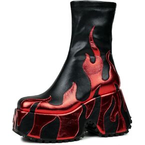 women’s side zipper high heeled silver Flames Printing Chunky sole boots Short boots round toe boots