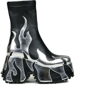 women’s side zipper high heeled silver Flames Printing Chunky sole boots Short boots round toe boots