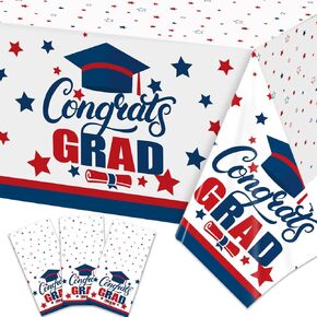 3 PCS Graduation Tablecloth Red Blue Graduation Decorations Class of 2024 Disposable Plastic White Congrats Grad Table Cover Party Supplies 70x43 Inch