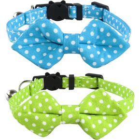 2 Pack Upgraded Breakaway Cat Collar with Bow Tie and Bell, Adjustable Cute Stippled Pattern Cotton Kitten Collar for Male and Female Cats and Small Dogs(Red/Pink)