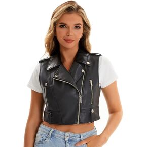 Faux Leather Vest For Women Zipper Cropped Sleeveless Biker Moto Slim PU Motorcycle Waistcoat