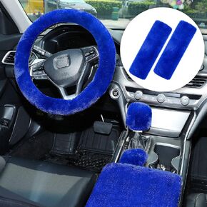 6 Pieces Fluffy Steering Wheel Covers Set for Women, Fur for Car Accessories, Fuzzy Gear Shift Cover Handbrake Center Console Seat Belt Shoulder Pads Cover Decoration (Rose Red, Short Hair)