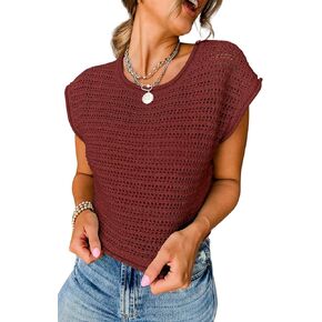 Women's Summer Knit Tops 2024 Fashion Cap Sleeveless Sweater Vest Crewneck Lightweight Top