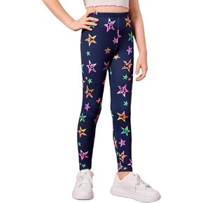 Milumia Girl's Wideband Waist Leggings High Waisted Tights Workout Yoga Skinny Pants Star Navy Blue 10 Years