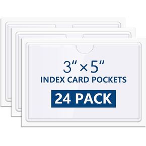 MaxGear 24 Pack Index Card Pockets with Top Open, Adhesive Pockets, Plastic Label Holder for Note Cards and Library Cards, Clear Adhesive Pockets for 3" x 5" Index Card, Label Holders, 5.3" x 3.7"