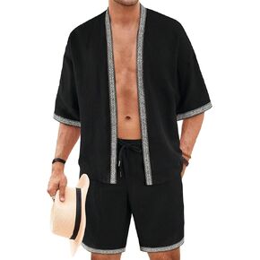 Verdusa Men's 2 Piece Outfits Contrast Binding Kimono Top and Shorts Set