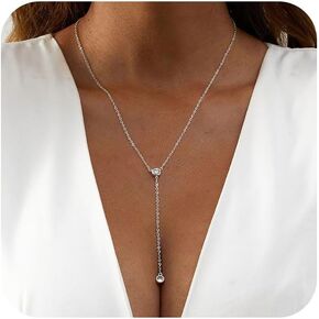 Lariat Necklace for Women,Dainty Gold/Silver Drop Y Chain Necklace Dangle Long Necklace Simple Fashion Jewelry Gift | Cubic Zirconia Necklace in Kuwait