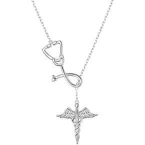FLYOW 925 Sterling Silver Medicine Themed Stethoscope Pendant Caduceus Lariat Necklace for Women Doctor Nurse Med School Graduation Gift Birthday Gifts