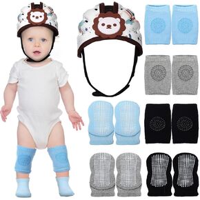 Baby Safety Helmet Brown Lion Adjustable Baby Head Protector Breathable Safety Head Cushion with 3 Pair Baby Non Slip Ankle Socks 3 Pair Anti Slip Knee Pads for Toddler Walking 1-3 Years