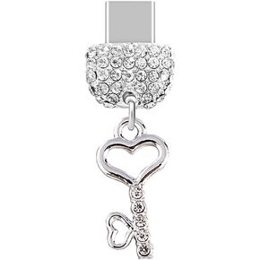 ELISE & FONDA TP233 Type-C USB Charging Port Crystal Anti Dust Plug Little Love Heart Key Cell Phone Charm for Samsung Galaxy/Huawei/OnePlus/Xiaomi/oppo Android Phones (Silver)