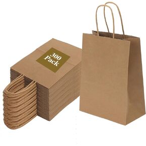 Joybe 300 Pack 6x3.25x8 Inch Small Brown Paper Bags with Handles Bulk, Kraft Paper Gift Bags for Birthday Party Favors Grocery Retail Shopping Business Goody Craft Sacks (Blank Plain Natural, 300pcs)