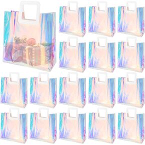 Voittozege 20Pcs Clear Holographic Gift Bags 8.5 x 8 x 4 Inch Iridescent Reusable Gift Bags Holographic Small Gift Bag Holographic PVC Favor Bag for Valentine's Wedding Birthday Shopping Travel Party