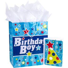 Hallmark 13" Large Gift Bag with Birthday Card and Tissue Paper (Blue with Stars, Birthday Boy)