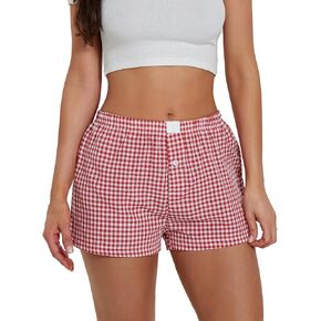 Women Y2k Gingham Boxer Shorts Plaid Striped Cute Mini Bloomers Elastic Waist Loose Fit Summer Shorts
