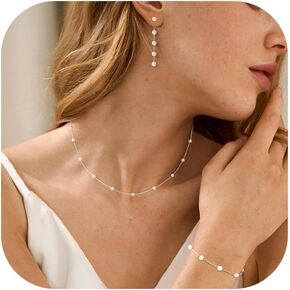 Gold Jewelry Set for Women,Dainty 14K Gold/Silver Plated Pearl Necklace and Earring Set Pearl Drop Earrings Pearl Bracelets Pearl Choker Necklace Wedding Jewelry for Women Girls Gift