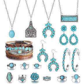 FINREZIO Western Jewelry For Women Turquoise Dangle Earrings Boho Bracelet Turquoise Knuckle Rings Bohemian Jewelry Set
