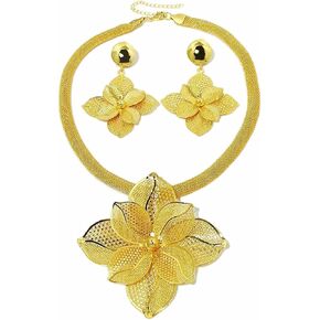 Luxury Women's Golden Big Hollow Flower Jewelry Sets Gold Plated Floral Filigree 3pcs Earrings Necklace Trendy Design Party Cocktail Prom Mothers Day Outfits Accessories Gifts