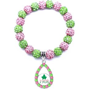 Long tiantian AKA Sorority Gifts for Women Paraphernalia Sorority Bracelet Pink and Green Jewelry Greek Crystal Charm Gifts for Teen Girl Gifts Trendy Stuff
