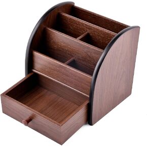 Wooden Desktop Organizer with Drawer, Multifunctional Office Supply Storage - Remote Control Caddy Holder
