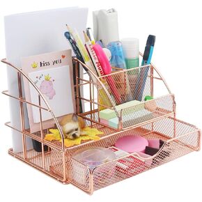 Ogrmar Luxurious Modern Rose Gold Desk Organizer with 6 Compartments & Drawer, Multi-functional Mesh Desk Organizer for Office Supplies and Accessories (8.7" X 5.5" X 5.1")