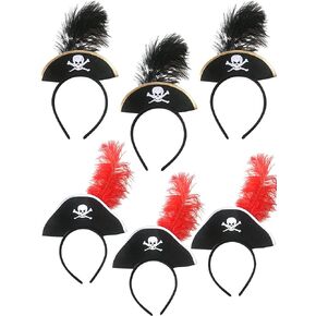 6 Pieces Pirate Hat Headband Skull Feather Mini Pirate Top Hat Headband for Halloween Decoration Pirate Theme Costume Party Supplies
