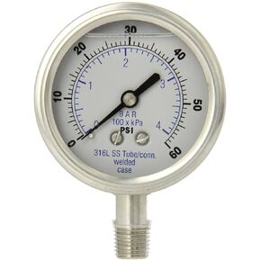 PIC Gauge 301LFW-254CF 2.5" Dial, 30/0/150 psi Range, 1/4" Male NPT Connection Size, Bottom Mount Glycerine Filled Pressure Gauge with a Stainless Steel Case and Internals, Stainless Steel Bezel, and Polycarbonate Lens