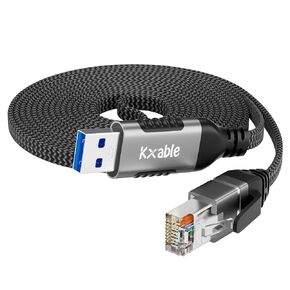 Flat USB to Ethernet Cable 20 FT, USB 3.0 A to RJ45 Thin Cord, Directly Connected, Aluminum, Braided, OFC, USB to RJ45 Gigabit LAN Network Cable for Laptop, PC, Switch and More, OD: 0.8in x 0.25in