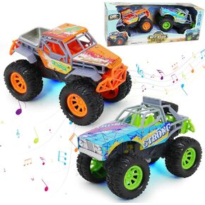 Toddler Monster Trucks Toys for Boys Age 3 4 5 6, 2 Pack 6 Inch with LED Lights,Music & Sound Friction Push n Go Cars Toy, Race Truck Car for Kids Party Favors and Daily Play