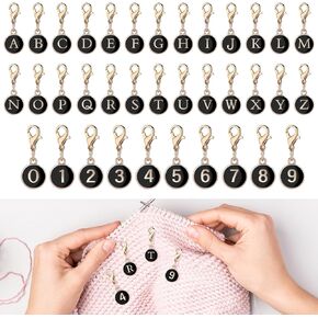 TXIN 36 Pcs A-Z Letter Stitch Markers & 0-9 Number Stitch Markers for Crocheting, Alloy Enamel Crochet Stitch Marker Charms Removable Locking Stitch Markers for Knitting Weaving Jewelry Making (Black)