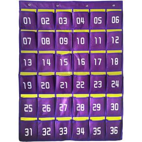 Classroom Numbered Cell Phone Pocket Charts Over Door Hanging Calculator Holder Organizer 30 Pockets with Hooks for Teachers Purple