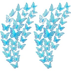 72Pcs 3D Butterfly Wall Decor 3 Sizes 3 Styles, Removable Butterfly Stickers Wall Decals, Butterfly Decorations Party Birthday Cake Decoration for Kids Nursery Wedding Bedroom Room(Blue)