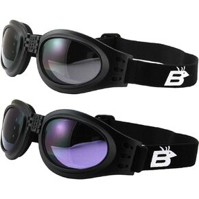 Birdz 2 Pairs of Eyewear Parrot Black Folding Padded Motorcycle Goggles with Smoke & Purple Lenses for Men & Women