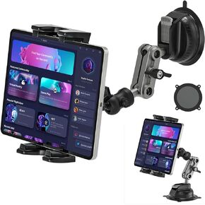 Aluminum Heavy Duty Tablet Mount for Car/Truck, 360° Adjustable 2-stage Tablet Stand Holder for Commercial Vehicle Dashboard Windshield, Compatible with iPad Pro/Air/Mini 4.7-12.9" Tablets Cellphones