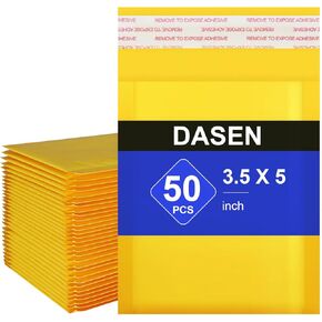 Dasen Kraft Bubble Mailers 3.5x5 Inch 50 Pcs,Small Self-Sealing Waterproof Cushioned Mail Shipping Bags,Yellow Padded Envelopes #0000