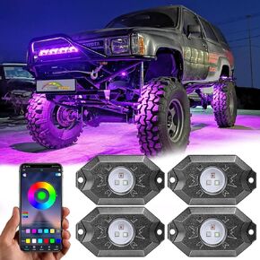 YCHOW-TECH RGB LED Rock Light 4 Pods MLTI-Color Neon Underglow Lights Pods Aluminum Alloy Accent Pods Wireless Bluetooth App Control Wheel Well Light for Off Road Truck UTV ATV Underwheel Mount Pods