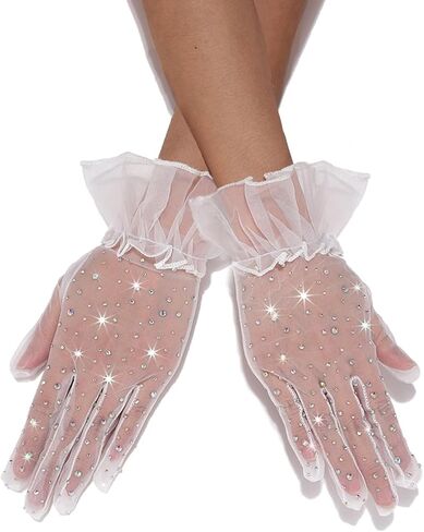 Glitter Rhinestones Gloves Fashion Finger Tulle Gloves Short Tea Party Wrist Gloves for Women and Girls in Saudi Arabia