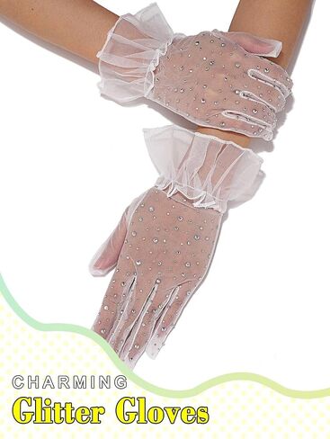 Glitter Rhinestones Gloves Fashion Finger Tulle Gloves Short Tea Party Wrist Gloves for Women and Girls in Saudi Arabia