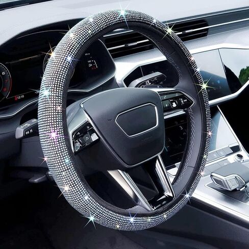 New Diamond Leather Steering Wheel Cover with Bling Bling Crystal Rhinestones, Universal Fit 15 Inch Car Wheel Protector in Saudi Arabia
