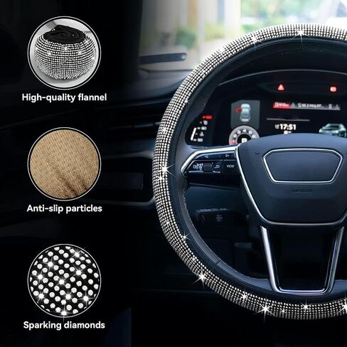 New Diamond Leather Steering Wheel Cover with Bling Bling Crystal Rhinestones, Universal Fit 15 Inch Car Wheel Protector in Saudi Arabia